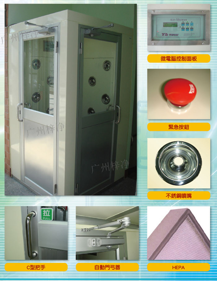 轉(zhuǎn)角風(fēng)淋室吹淋原理:初效過濾器--離心風(fēng)機(jī)--靜壓箱--高效過濾器--噴嘴高速噴出--內(nèi)循環(huán)風(fēng)。